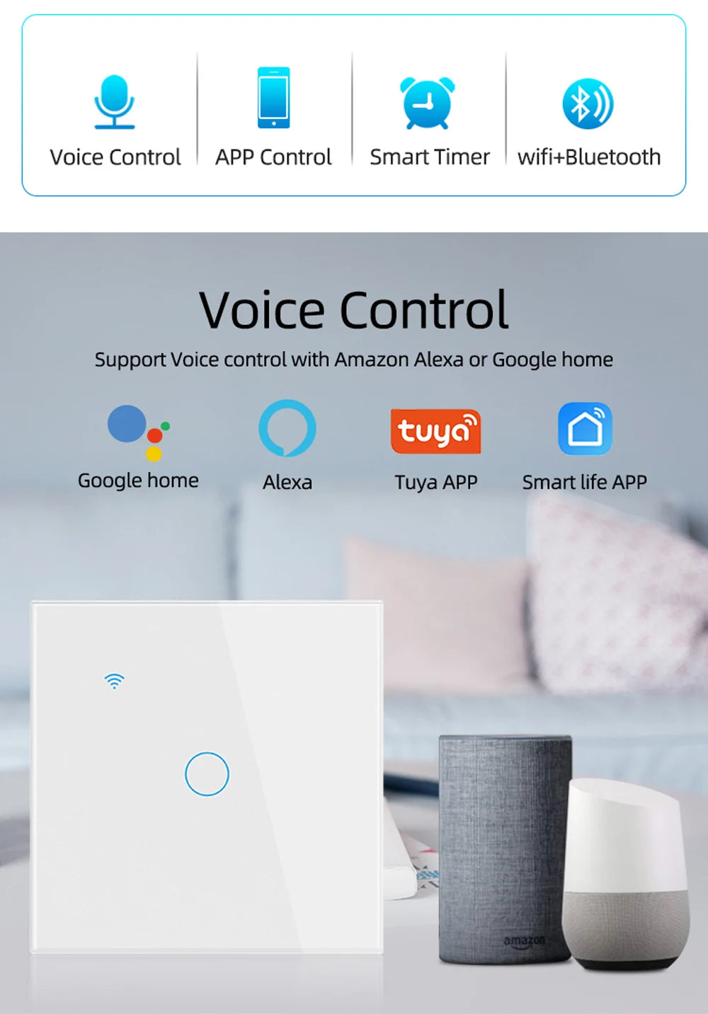 WiFi Smart Touch Light Switch EU β 1/2/3/4 Gang | Tuya & Smart Life | Voice Control with Alexa & Google Home