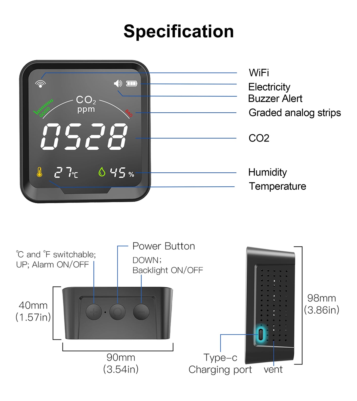 GIRIER Smart WiFi CO₂ Detector | Indoor Carbon Dioxide, Temperature & Humidity Monitor – Tuya App Compatible