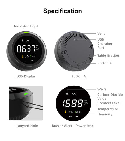 GIRIER Smart WiFi CO₂ Detector | Indoor Carbon Dioxide, Temperature & Humidity Monitor – Tuya App Compatible