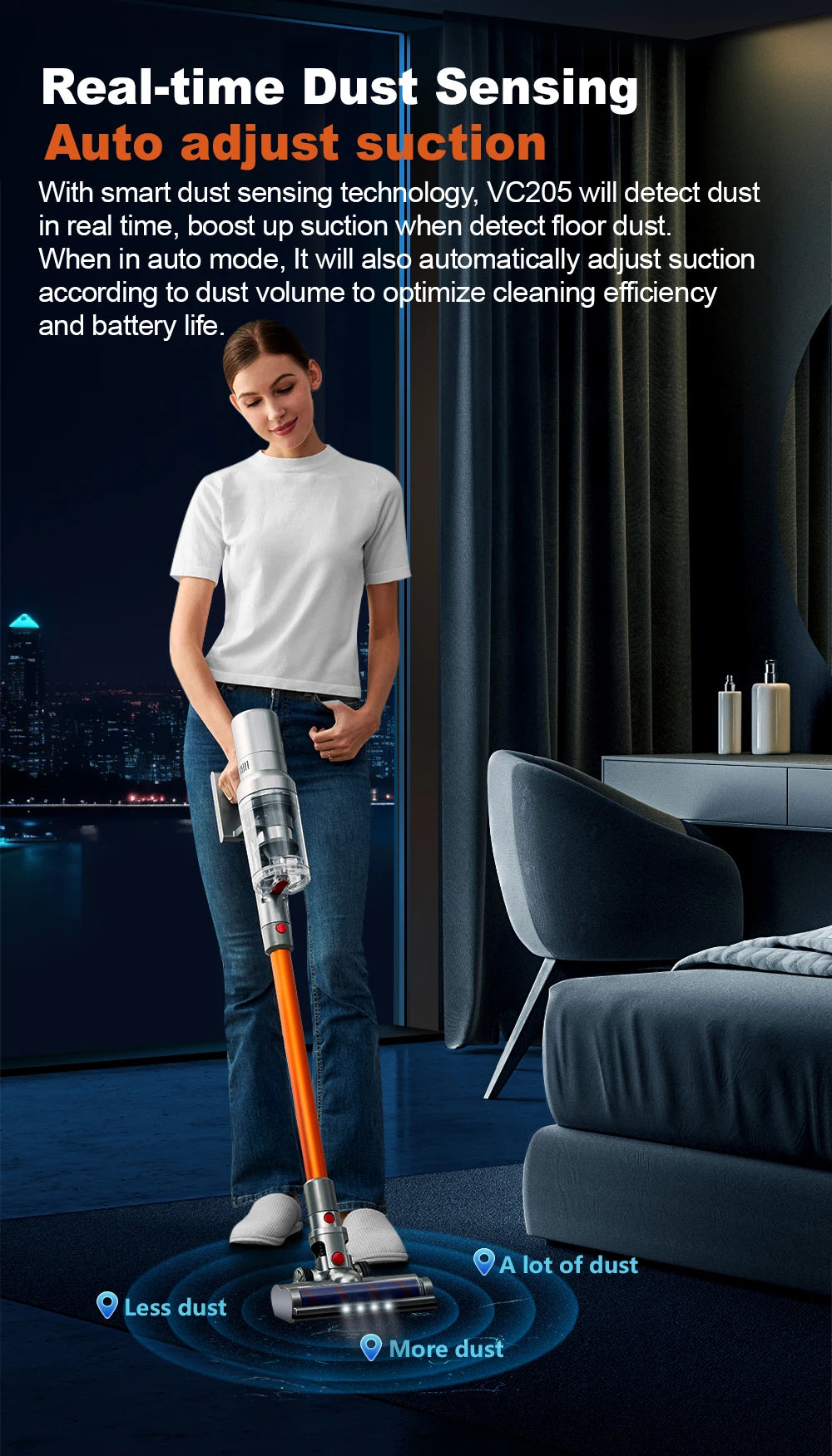 ABIR VC205 Smart Cordless Vacuum Cleaner | 27,000Pa | Auto Speed | Touchscreen | Dust Sensor | 4-in-1 Brushes | HEPA Filter