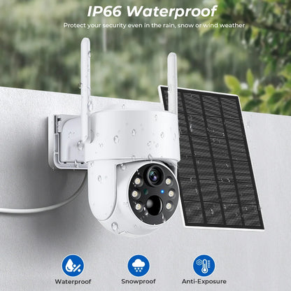 WiFi PTZ Outdoor Solar Camera 4MP – Long Standby | Night Vision | PIR Motion | iCsee App | Alexa Compatible