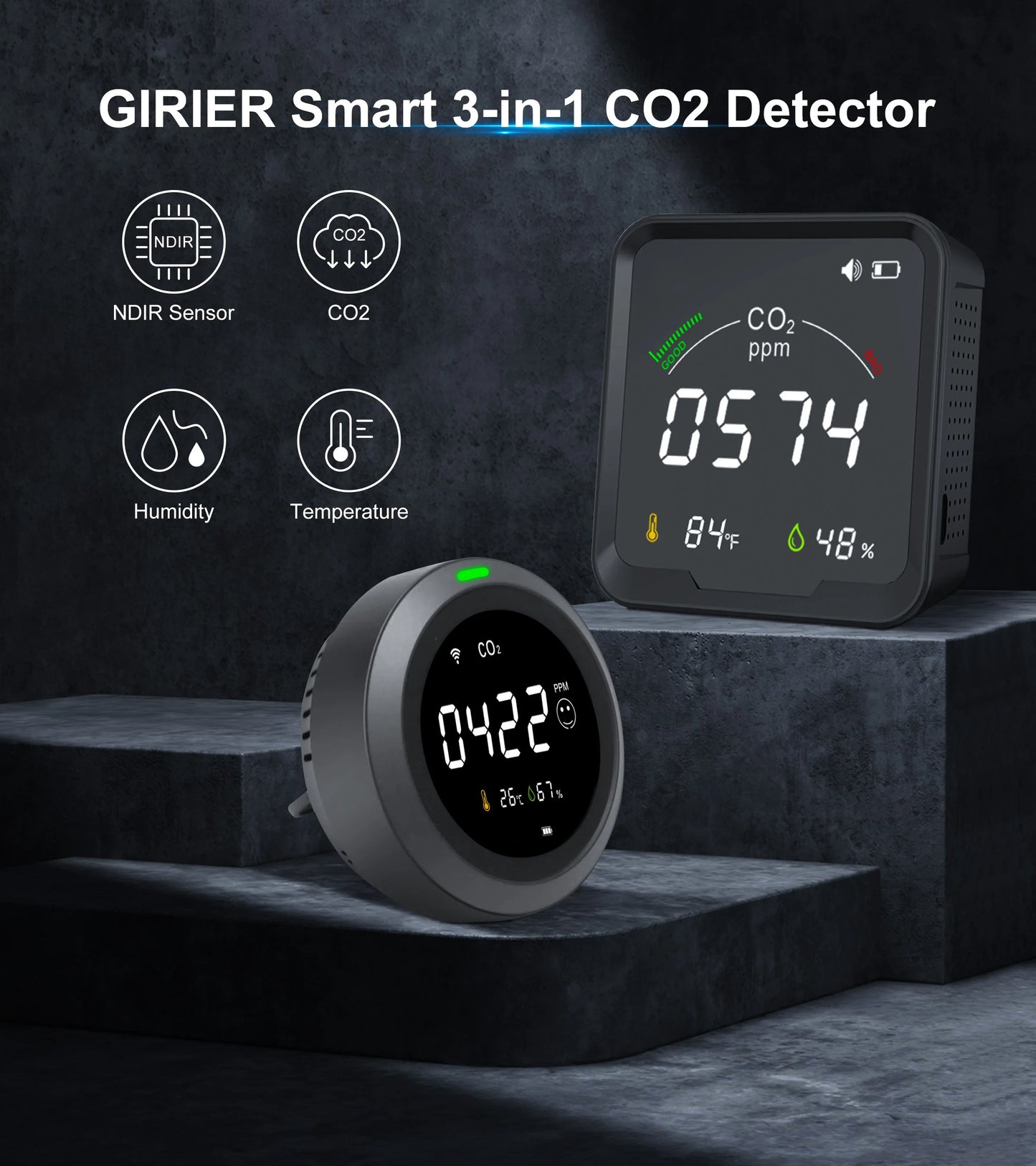 GIRIER Smart WiFi CO₂ Detector | Indoor Carbon Dioxide, Temperature & Humidity Monitor – Tuya App Compatible