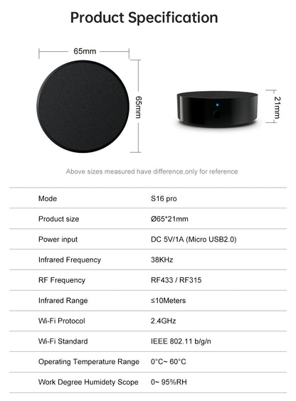 AVATTO Tuya Smart WiFi IR + RF Remote Controller (S16 Pro) | 433/315MHz | Universal Smart Home Hub for TV, AC, Alexa, Google