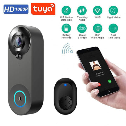 1080P WiFi Video Doorbell | PIR Motion Detection | Tuya Smart App | 2-Way Audio | Night Vision | Wireless Security