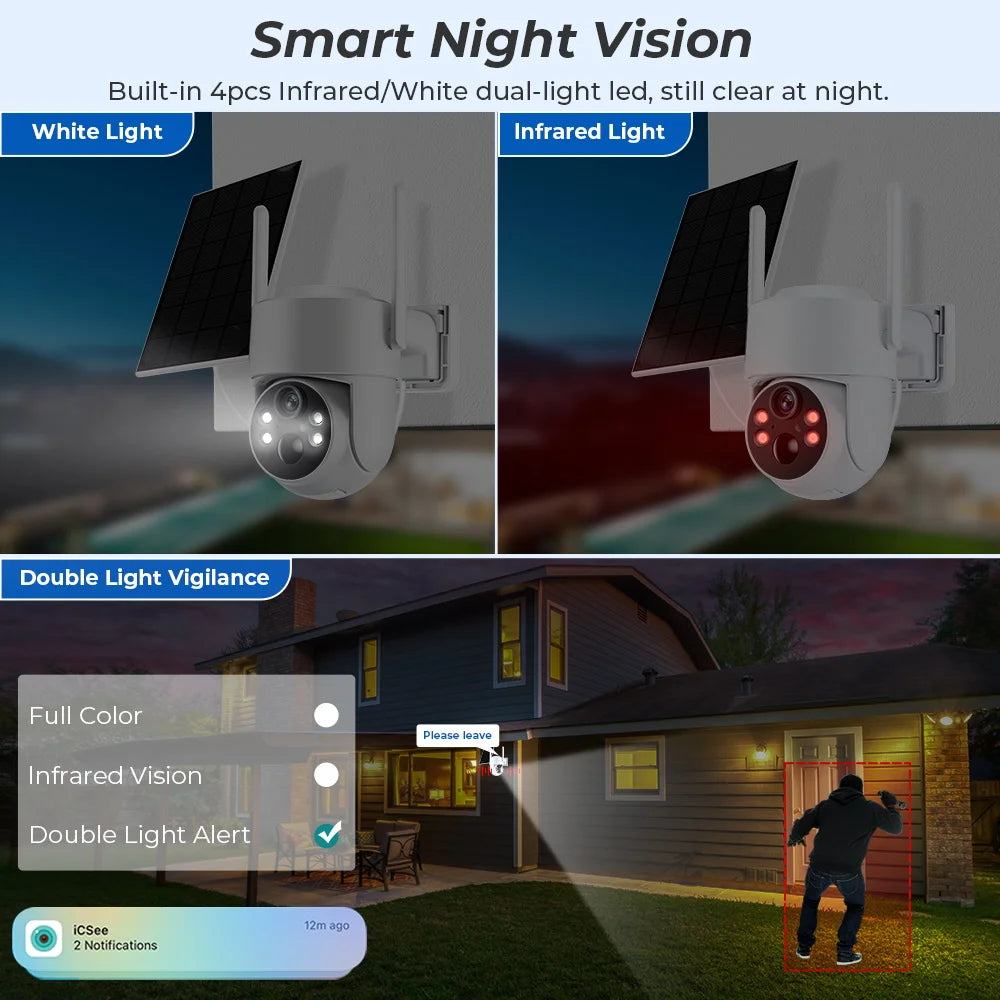 WiFi PTZ Outdoor Solar Camera 4MP – Long Standby | Night Vision | PIR Motion | iCsee App | Alexa Compatible