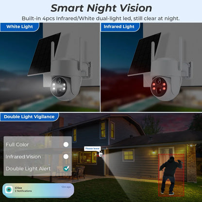 WiFi PTZ Outdoor Solar Camera 4MP – Long Standby | Night Vision | PIR Motion | iCsee App | Alexa Compatible