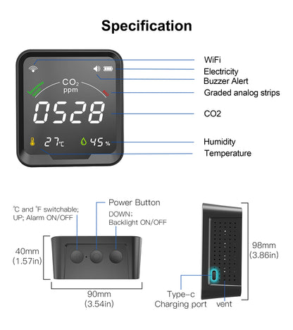 GIRIER Smart WiFi CO₂ Detector | Indoor Carbon Dioxide, Temperature & Humidity Monitor – Tuya App Compatible