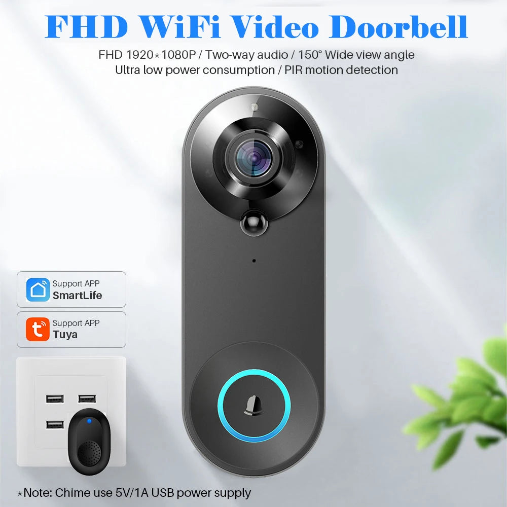 1080P WiFi Video Doorbell | PIR Motion Detection | Tuya Smart App | 2-Way Audio | Night Vision | Wireless Security