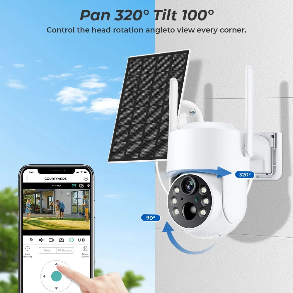 WiFi PTZ Outdoor Solar Camera 4MP – Long Standby | Night Vision | PIR Motion | iCsee App | Alexa Compatible