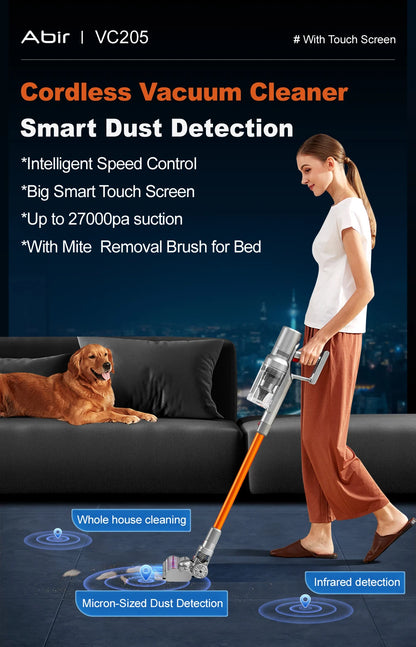 ABIR VC205 Smart Cordless Vacuum Cleaner | 27,000Pa | Auto Speed | Touchscreen | Dust Sensor | 4-in-1 Brushes | HEPA Filter