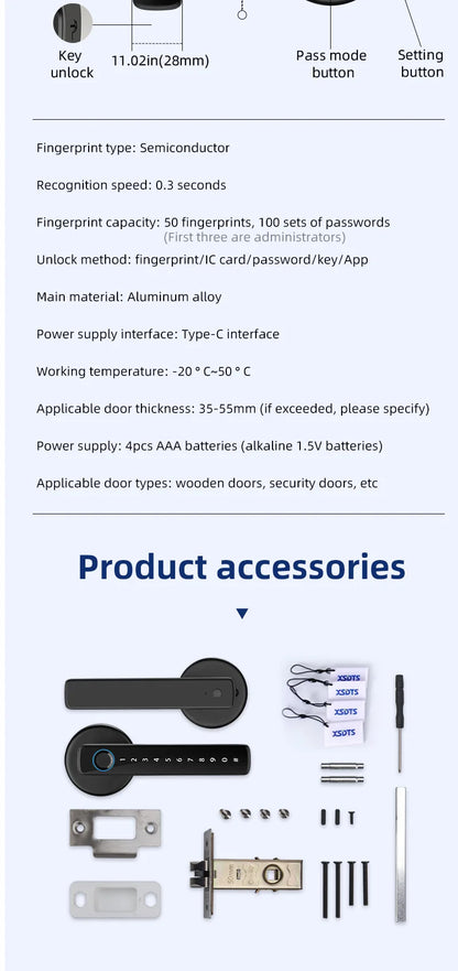 XSDTS Smart Door Lock | Fingerprint, Keypad, Card & App | Bluetooth | Tuya Compatible | Easy Install