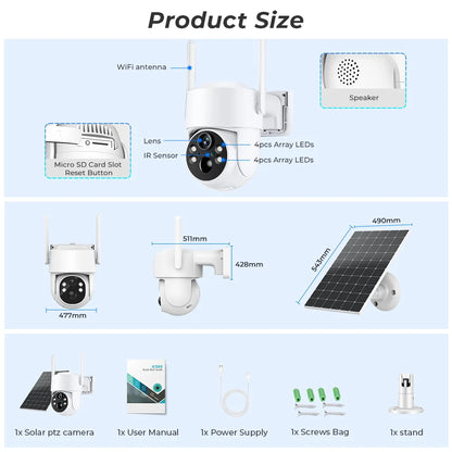 WiFi PTZ Outdoor Solar Camera 4MP – Long Standby | Night Vision | PIR Motion | iCsee App | Alexa Compatible